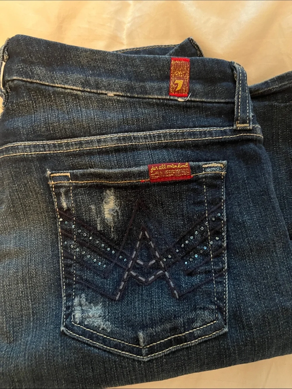 7 For All Mankind Dark Blue Denim Bootcut Jeans with Embellished Back Pocket